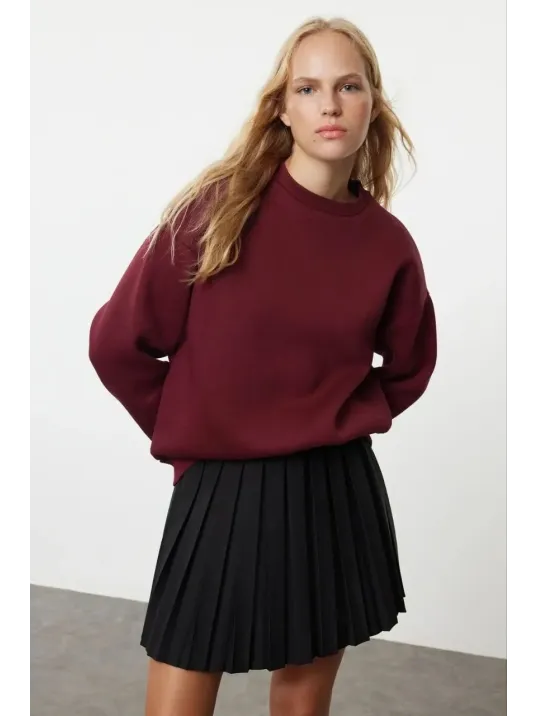 3 İplik Şardonlu Bisiklet Yaka Sweatshirt Bordo