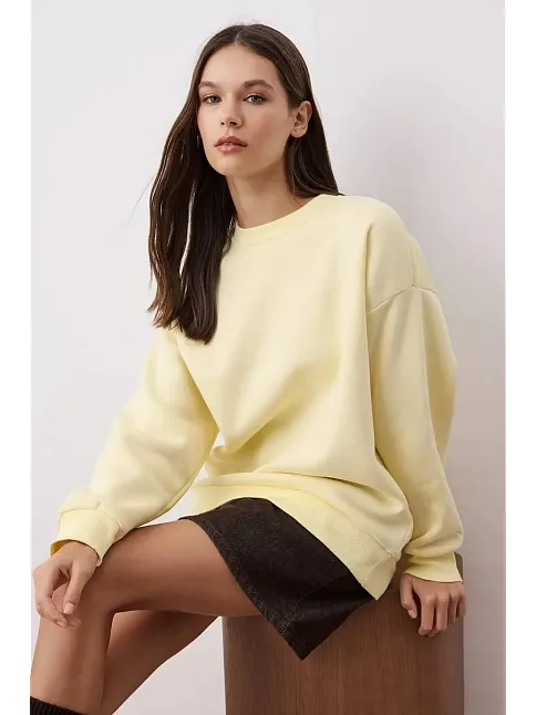 3 İplik Şardonlu Bisiklet Yaka Sweatshirt Sarı