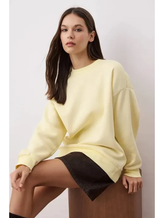 3 İplik Şardonlu Bisiklet Yaka Sweatshirt Sarı