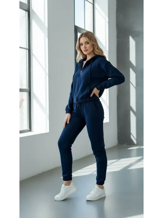 3 İplik Şardonlu Kapşonlu Fermuarlı Kısa Üst Lacivert Pat8590