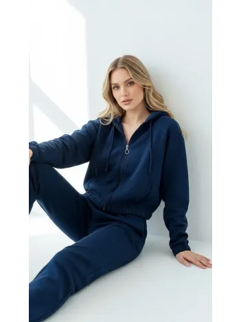 3 İplik Şardonlu Kapşonlu Fermuarlı Kısa Üst Lacivert Pat8590