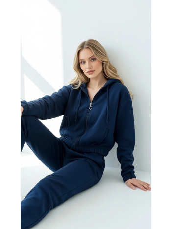 3 İplik Şardonlu Kapşonlu Fermuarlı Kısa Üst Lacivert Pat8590