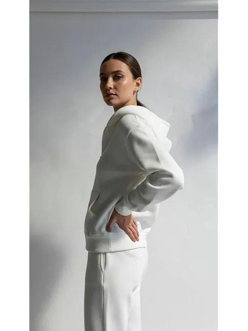 3 İplik Şardonlu Kapşonlu Hoodie Frm Beyaz P510437