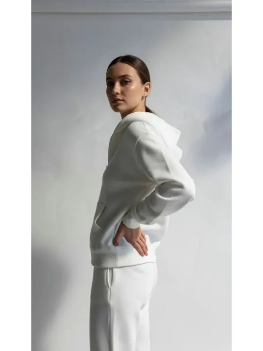 3 İplik Şardonlu Kapşonlu Hoodie Frm Beyaz P510437