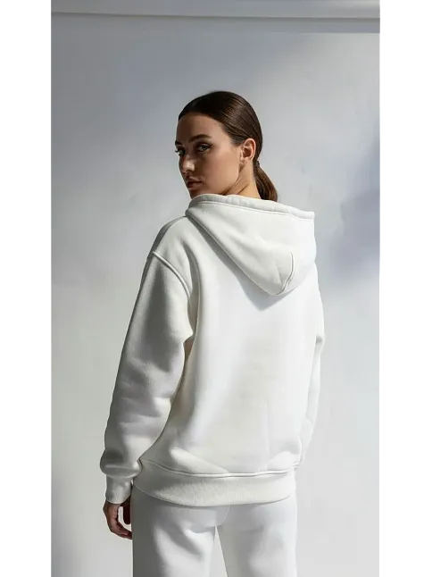 3 İplik Şardonlu Kapşonlu Hoodie Frm Beyaz P510437
