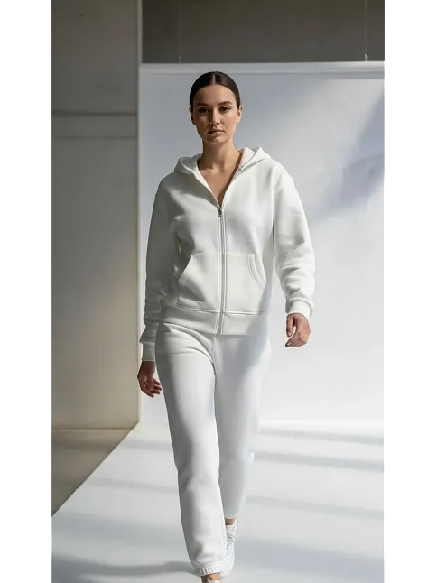 3 İplik Şardonlu Kapşonlu Hoodie Frm Beyaz P510437
