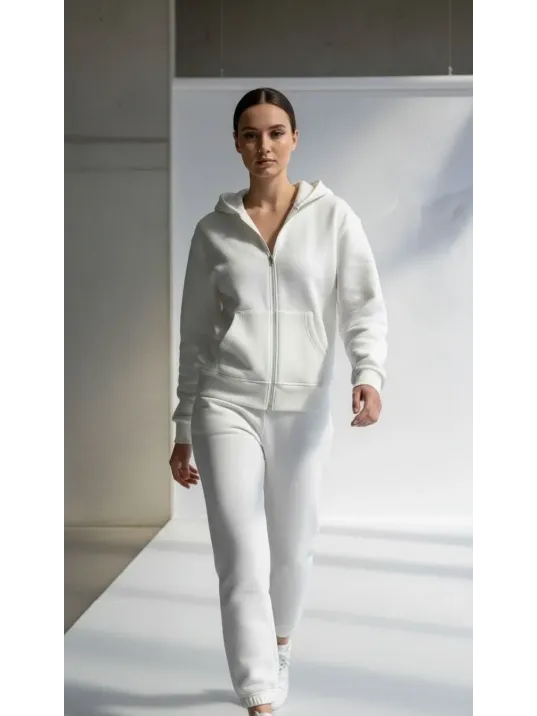 3 İplik Şardonlu Kapşonlu Hoodie Frm Beyaz P510437