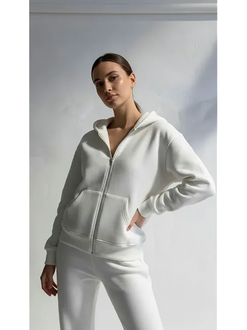 3 İplik Şardonlu Kapşonlu Hoodie Frm Beyaz P510437