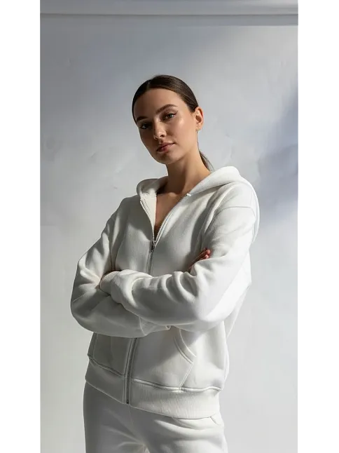 3 İplik Şardonlu Kapşonlu Hoodie Frm Beyaz P510437