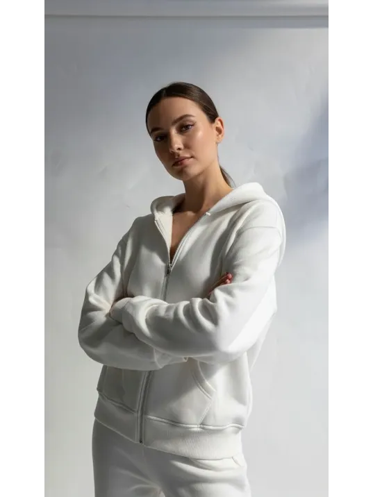 3 İplik Şardonlu Kapşonlu Hoodie Frm Beyaz P510437