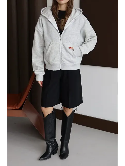 3 İplik Şardonlu Kapşonlu Hoodie Frm Gri P510437