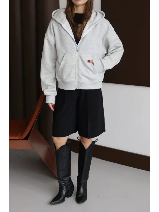 3 İplik Şardonlu Kapşonlu Hoodie Frm Gri P510437