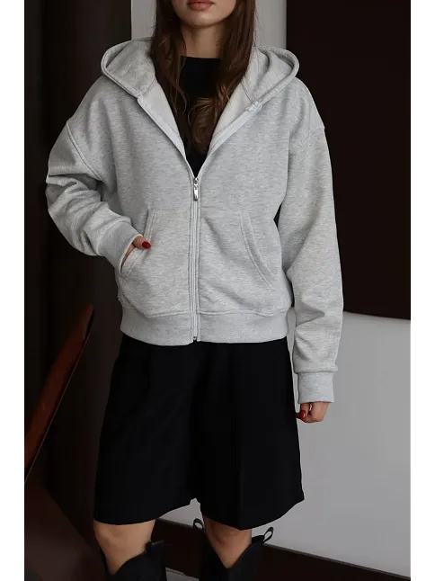3 İplik Şardonlu Kapşonlu Hoodie Frm Gri P510437