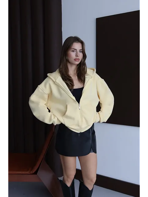 3 İplik Şardonlu Kapşonlu Hoodie Frm Sarı P510437
