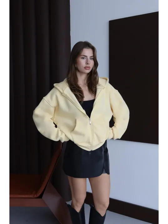 3 İplik Şardonlu Kapşonlu Hoodie Frm Sarı P510437