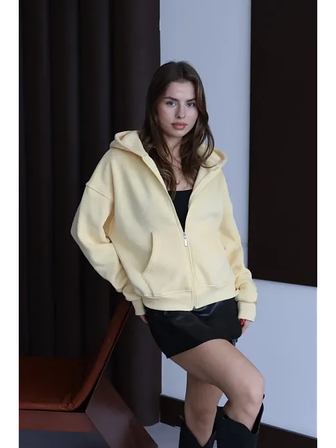 3 İplik Şardonlu Kapşonlu Hoodie Frm Sarı P510437
