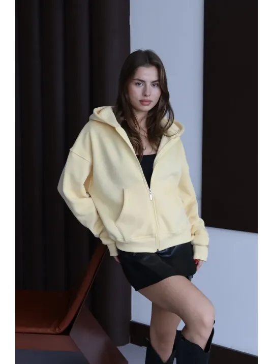 3 İplik Şardonlu Kapşonlu Hoodie Frm Sarı P510437