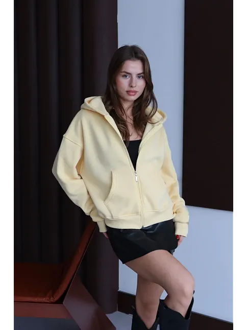 3 İplik Şardonlu Kapşonlu Hoodie Frm Sarı P510437