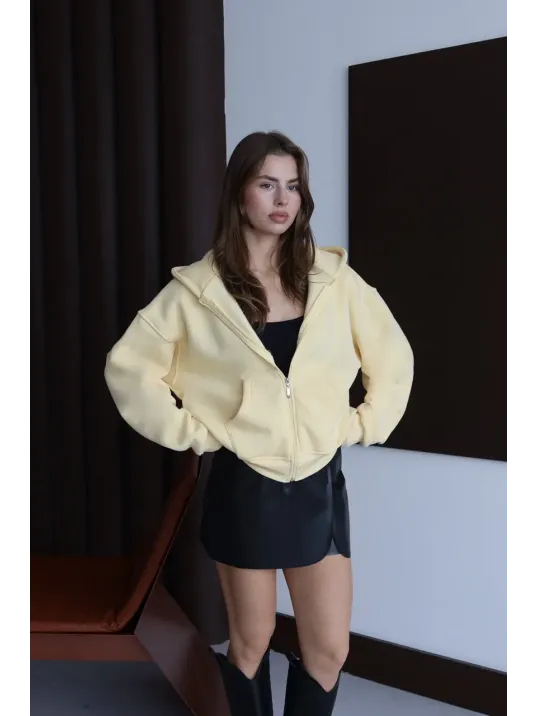 3 İplik Şardonlu Kapşonlu Hoodie Frm Sarı P510437