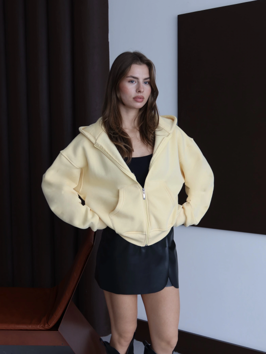 3 İplik Şardonlu Kapşonlu Hoodie Frm Sarı P510437