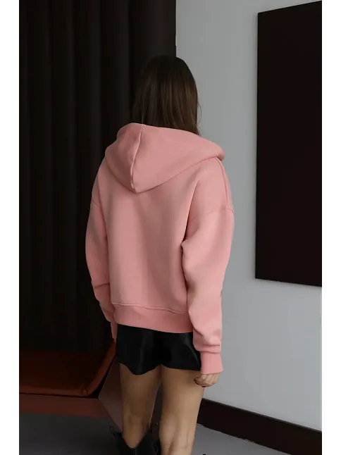 3 İplik Şardonlu Kapşonlu Hoodie Frm Somon P510437