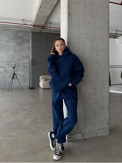 3 İplik Şardonlu Kapşonlu Sweatshirt Lacivert P510436