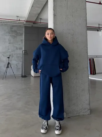 3 İplik Şardonlu Kapşonlu Sweatshirt Lacivert P510436