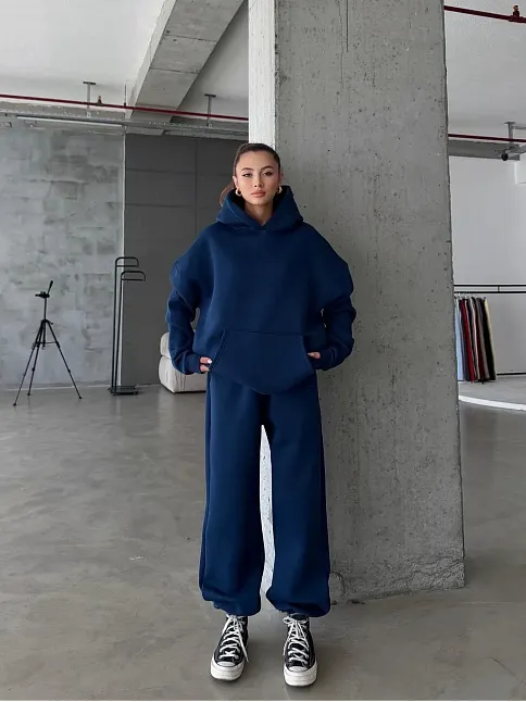 3 İplik Şardonlu Kapşonlu Sweatshirt Lacivert P510436