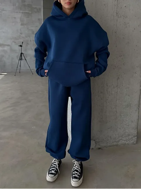 3 İplik Şardonlu Kapşonlu Sweatshirt Lacivert P510436