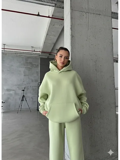 3 İplik Şardonlu Kapşonlu Sweatshirt Mint P510436