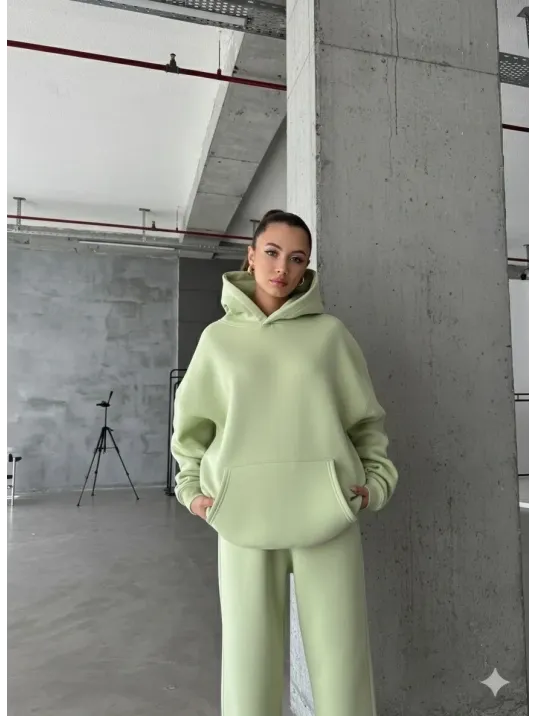 3 İplik Şardonlu Kapşonlu Sweatshirt Mint P510436