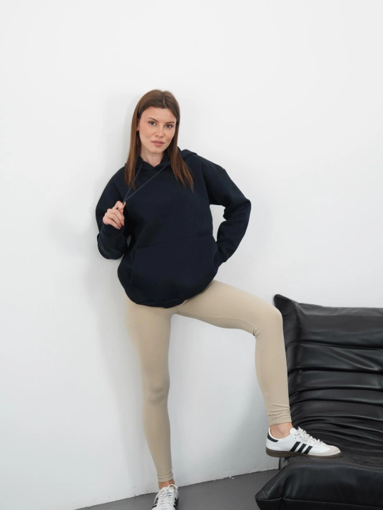 3 iplik şardonlu kapşonlu swetshirt lacivert md63