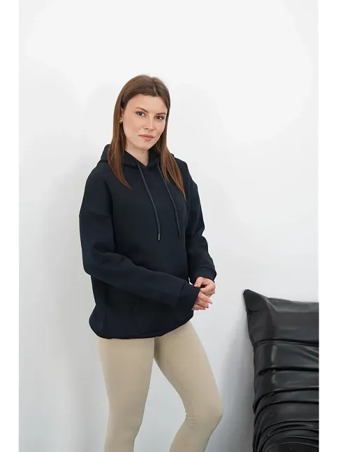 3 İplik Şardonlu Kapşonlu Swetshirt Lacivert