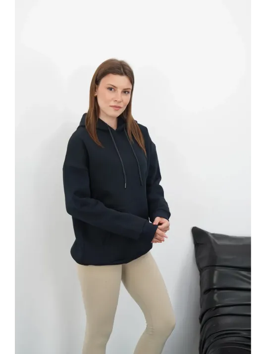 3 İplik Şardonlu Kapşonlu Swetshirt Lacivert Md63