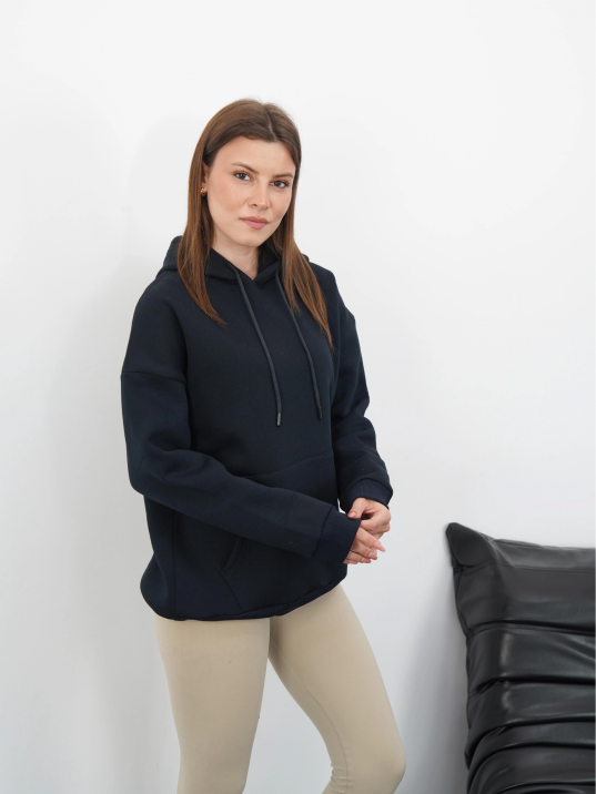 3 iplik şardonlu kapşonlu swetshirt lacivert md63