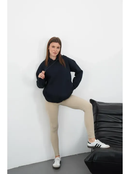 3 İplik Şardonlu Kapşonlu Swetshirt Lacivert Md63