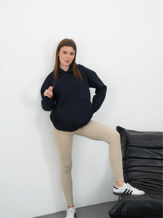 3 iplik şardonlu kapşonlu swetshirt lacivert md63