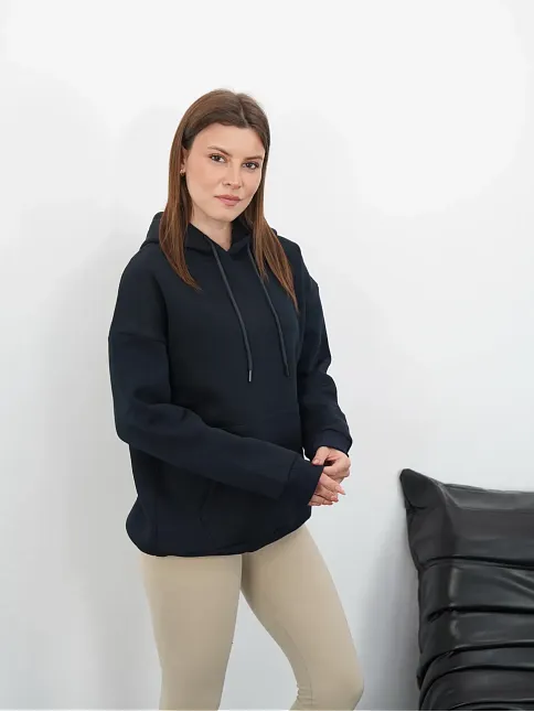 3 İplik Şardonlu Kapşonlu Swetshirt Lacivert