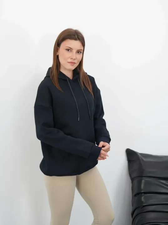 3 İplik Şardonlu Kapşonlu Swetshirt Lacivert Md63