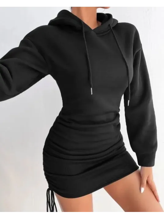 3 İplik Şardonlu Kapşonlu Elbise Siyah