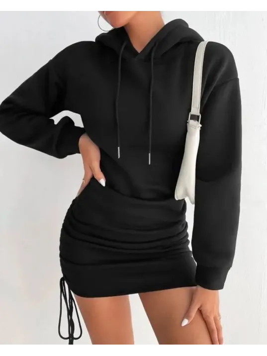 3 İplik Şardonlu Kapşonlu Elbise Siyah