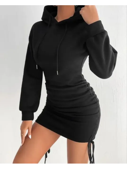 3 İplik Şardonlu Kapşonlu Elbise Siyah