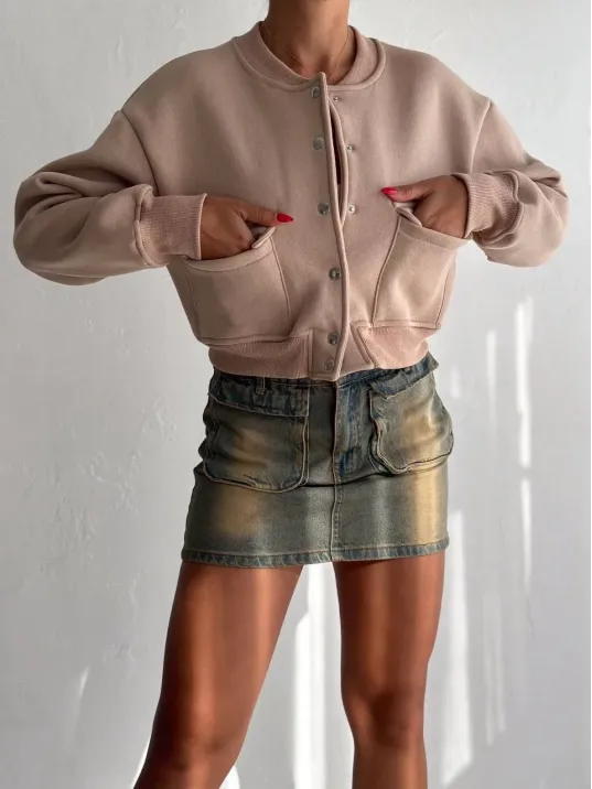 3 İplik Şardonlu Önü Çıtçıtlı Cepli Ceket Bej F2226