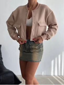 3 İplik Şardonlu Önü Çıtçıtlı Cepli Ceket Bej F2226