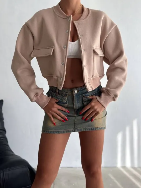 3 İplik Şardonlu Önü Çıtçıtlı Cepli Ceket Bej F2226