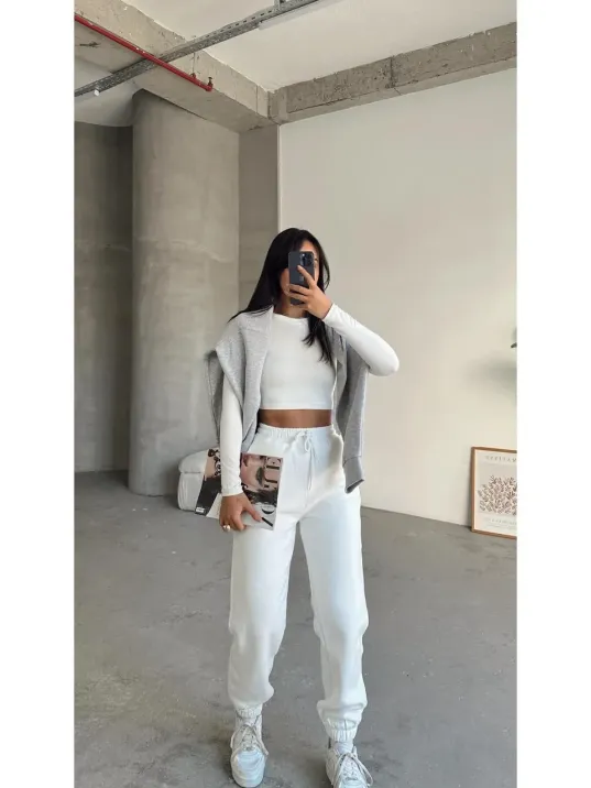 3 İplik Şardonlu Paça Lastikli Eşofman Beyaz İs001