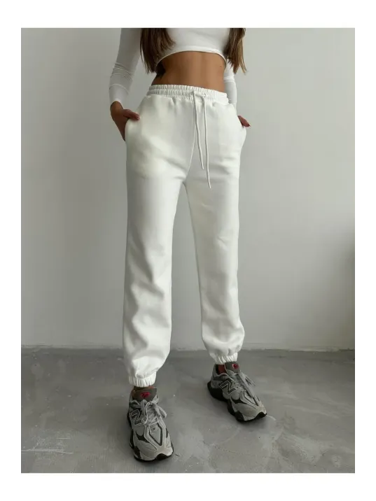 3 İplik Şardonlu Paça Lastikli Eşofman Beyaz İs001