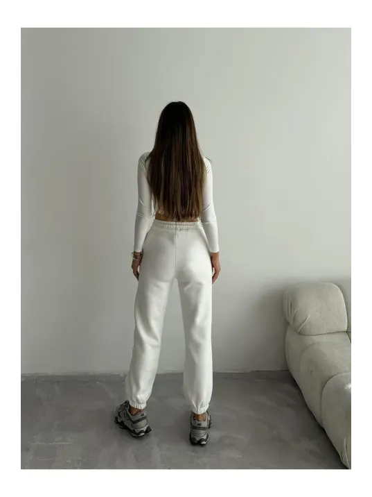 3 İplik Şardonlu Paça Lastikli Eşofman Beyaz İs001