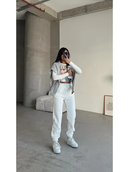 3 İplik Şardonlu Paça Lastikli Eşofman Beyaz İs001