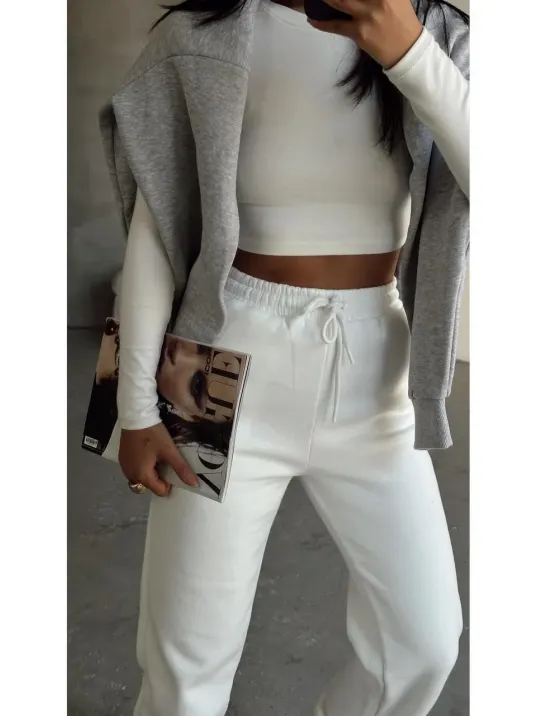 3 İplik Şardonlu Paça Lastikli Eşofman Beyaz İs001